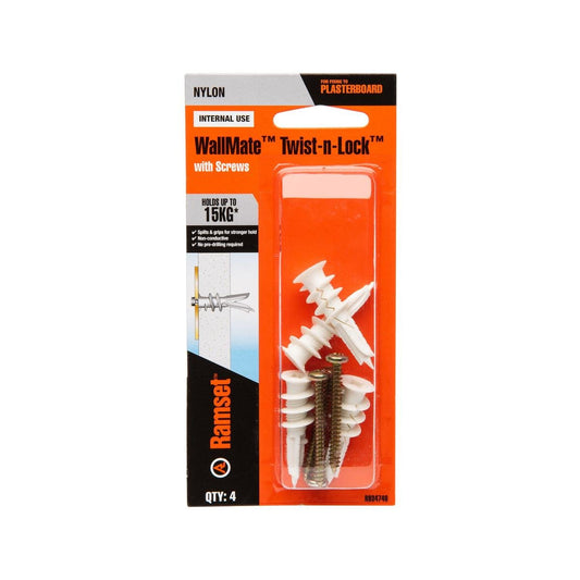Ramset Wallmate Twist N Lock - 13mm x 40mm - Nylon - Non-Conductive - 4 Pack - Auzzistore