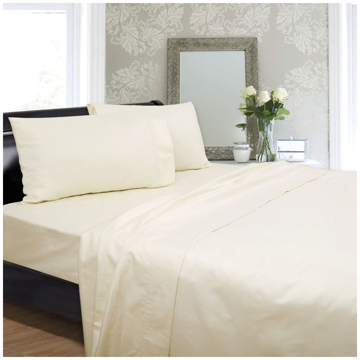 Ramesses 1350 Thread Count Diamond Check Cotton Sateen King Sheet Set Cream