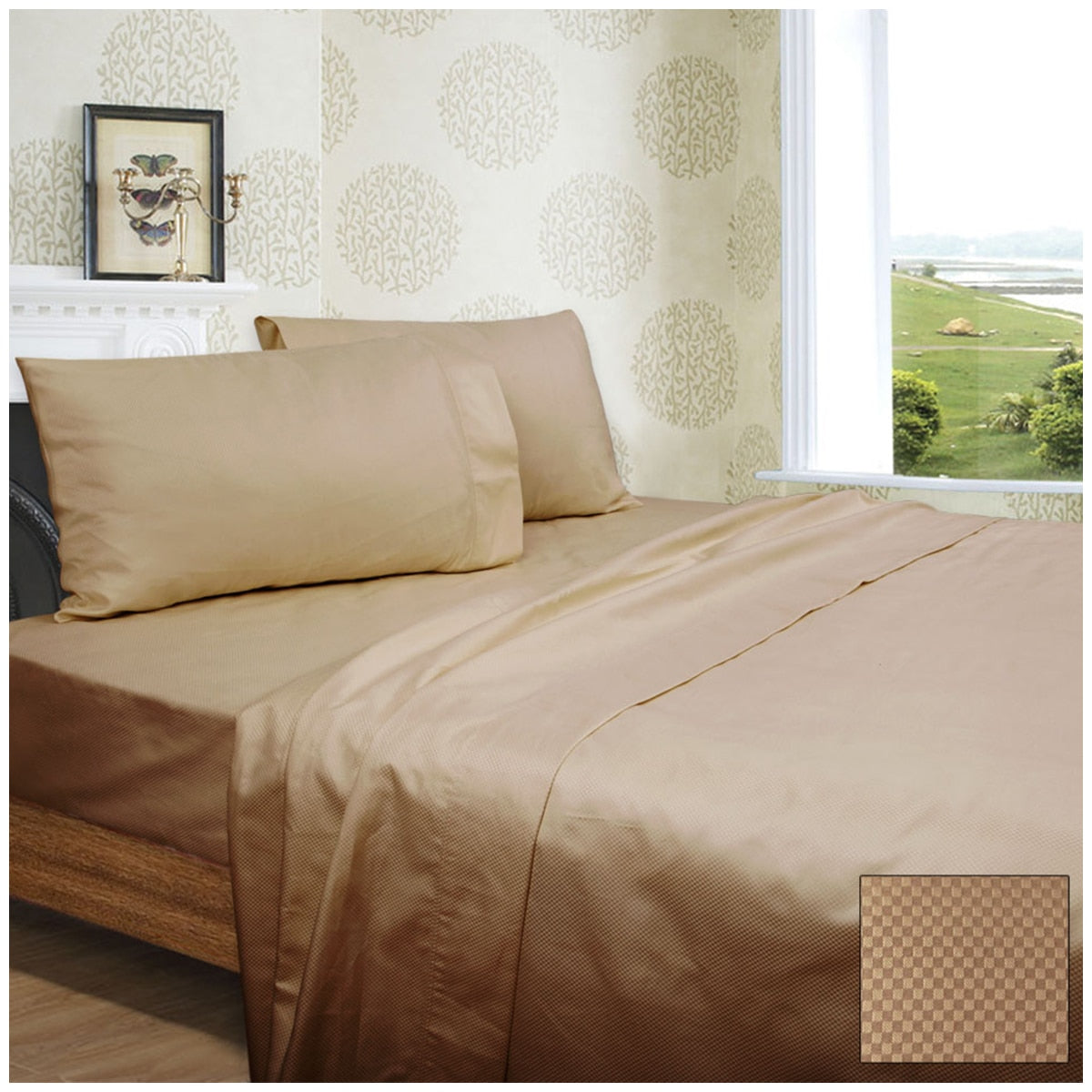 Ramesses 1350 Thread Count Diamond Check Cotton Sateen King Sheet Set Linen