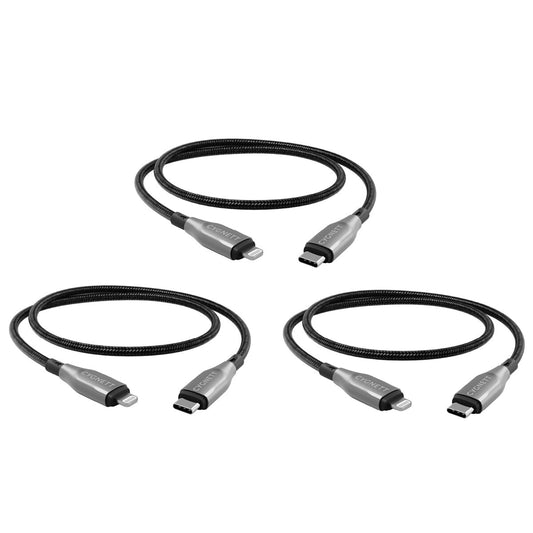 Cygnett Armoured Lightning to USB-C Cable 1M Triple Pack Black - 30W Fast Charging, MFI Certified, Durable Nylon