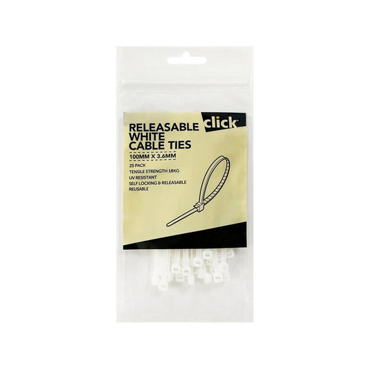 Click Releasable Cable Tie 100mm White 25 Pack - UL Approved Nylon - UV Resistant