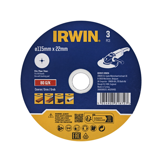 Irwin Fibre Disc 3 Pack - 115 x 22mm - 80 Grit - Aluminium Oxide - Surface Preparation - Auzzistore