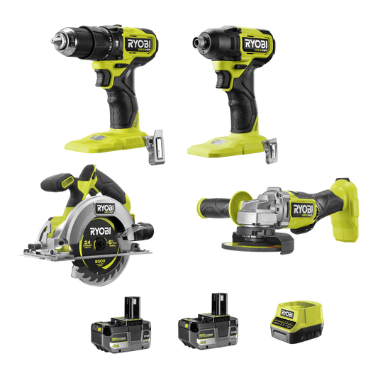 Ryobi 18V ONE+ HP Brushless 4-Piece 4Ah Kit - Hammer Drill, Impact Driver, Circular Saw, Angle Grinder - 60Nm Torque, 240Nm Torque, 55mm Cutting Depth