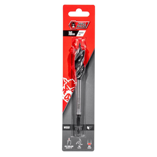 Full Boar Auger Bit - 16mm - Steel - Self-Drilling - Tri-Flute Design - Auzzistore