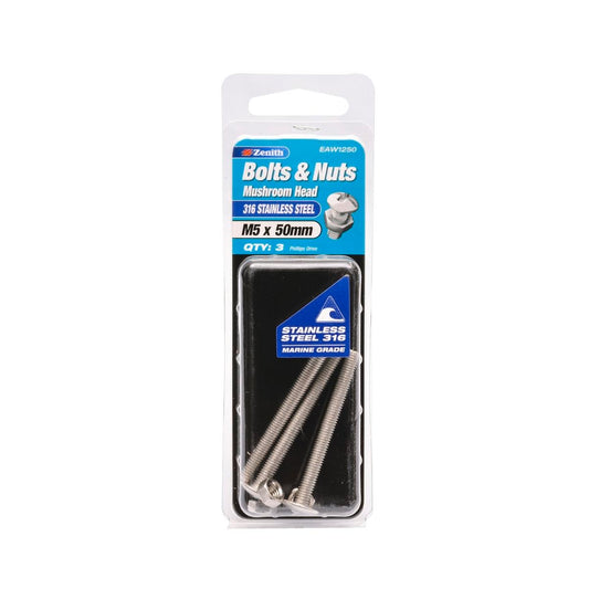 Zenith M5 x 50mm Mushroom Head Bolt and Nut 3 Pack Stainless Steel - Auzzistore