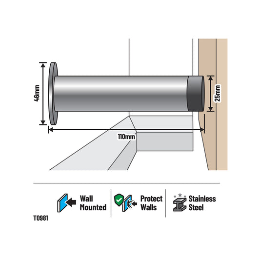 Adoored 110mm Stainless Steel Round Tube Door Stop - Easy Install - Stylish Design - Indoor Use