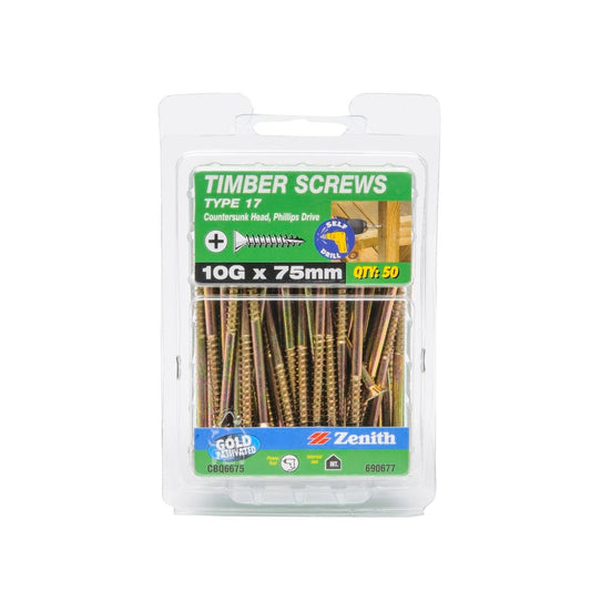 Zenith Type 17 Timber Screws - 10g x 75mm - Gold Passivated - 50 Pack - Auzzistore