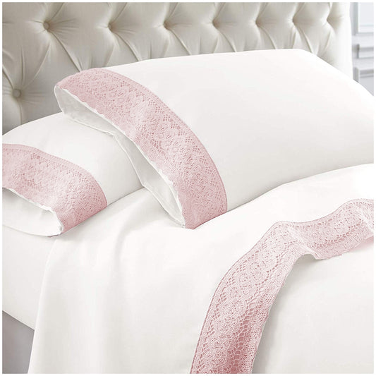 Kingtex 1500 Thread Count Crochet Lace Microfibre Sheet Set Single Rose Pink/White