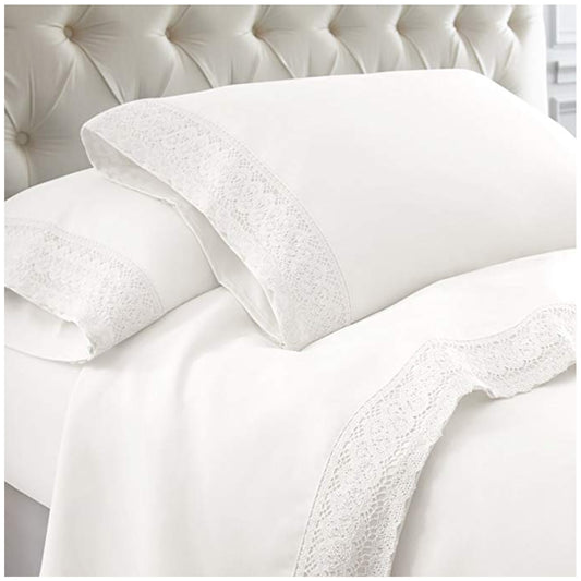 Kingtex 1500 Thread Count Crochet Lace Microfibre Sheet Set Single White/White