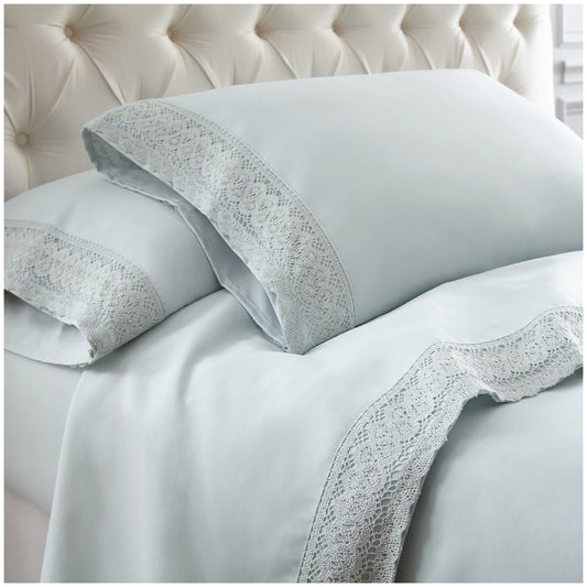 Kingtex 1500 Thread Count Crochet Lace Microfibre Sheet Set King Single Ice Blue/Ice Blue - Auzzistore