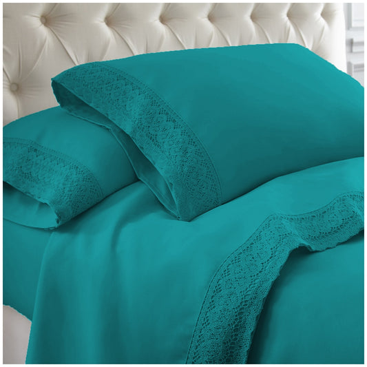 Kingtex 1500 Thread Count Crochet Lace Microfibre Sheet Set King Single Teal/Teal