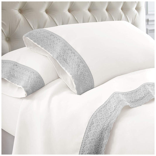 Kingtex 1500 Thread Count Crochet Lace Microfibre Sheet Set Double Silver/White - Auzzistore