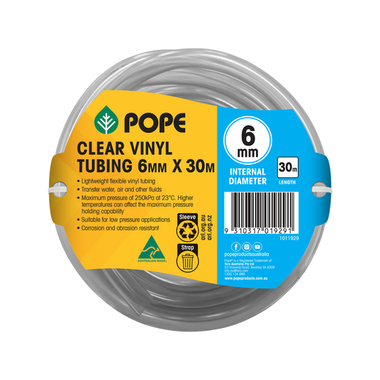 Pope Clear Vinyl Tubing - 6mm x 30m - Lightweight - Flexible - Durable - Auzzistore