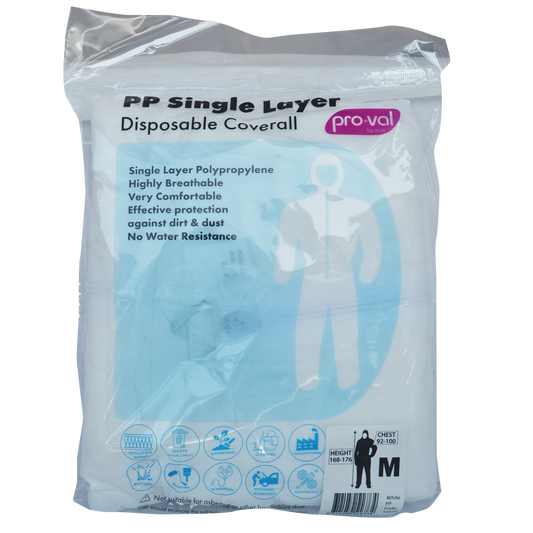 Pro Val Disposable Coverall Medium - Single Layer Non-Woven Polypropylene - Breathable Protection