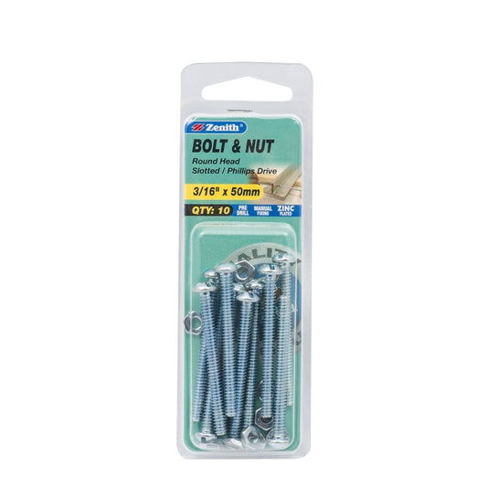 Zenith Round Head Bolt & Nut - 3/16 x 50mm - 10 Pack - Zinc Plated - Auzzistore
