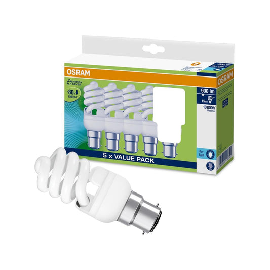 Osram Mini Spiral CFL 15W B22 865LM Daylight Light Globe 5 Pack - Auzzistore
