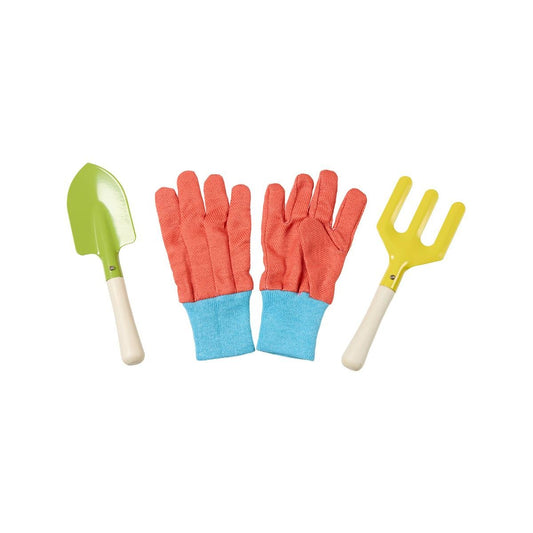 Saxon Kids Garden 3 Piece Set W Gloves - Trowel, Fork, Cotton Gloves - Multicoloured - Durable Steel Blades - Encourages Outdoor Participation - Auzzistore