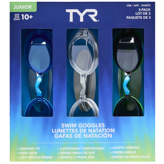 TYR Junior Boys Swim Goggles – 3 Pack (Anti-Fog & UV Protection)