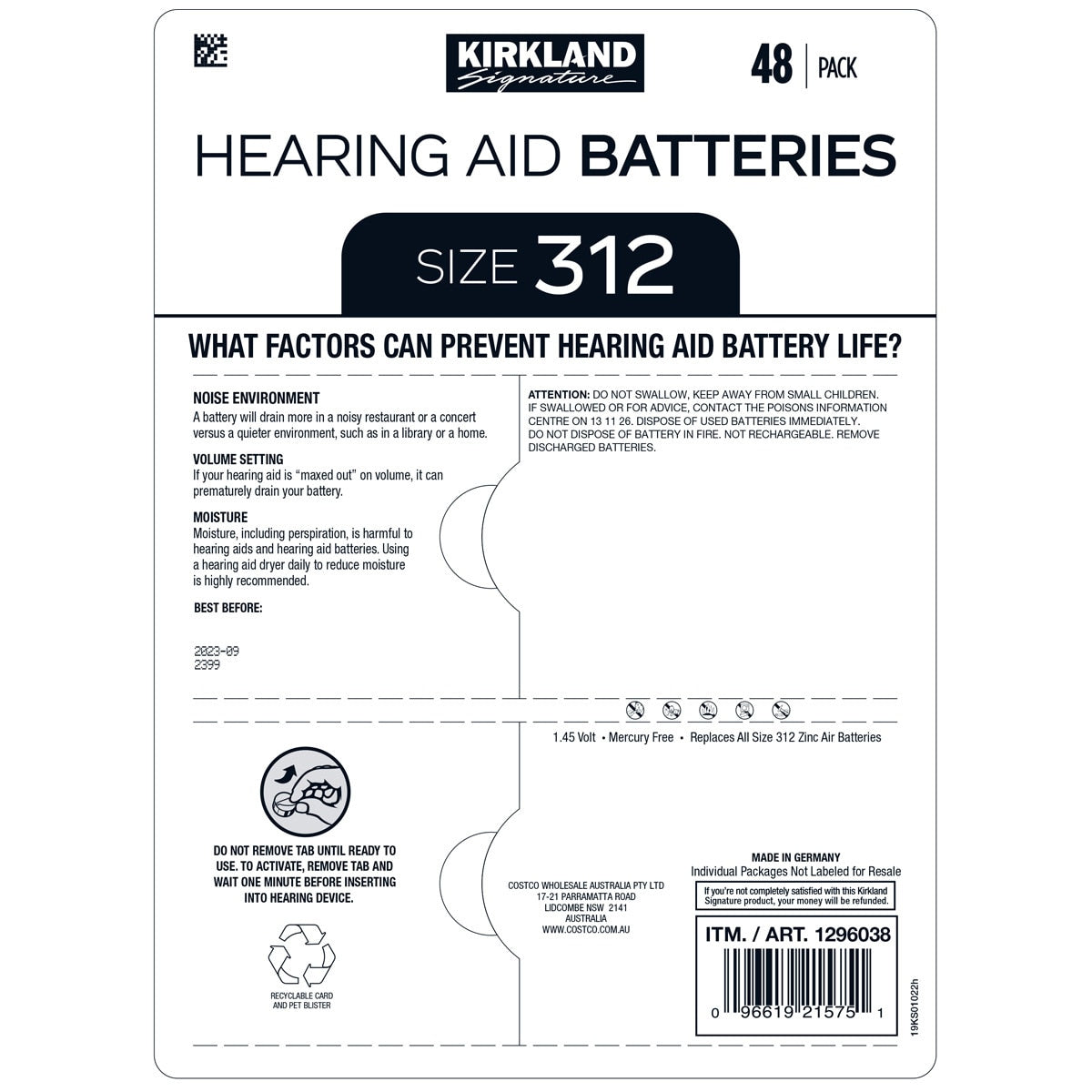 Kirkland Signature Hearing Aid Batteries Size 312 2 x 48 Pack