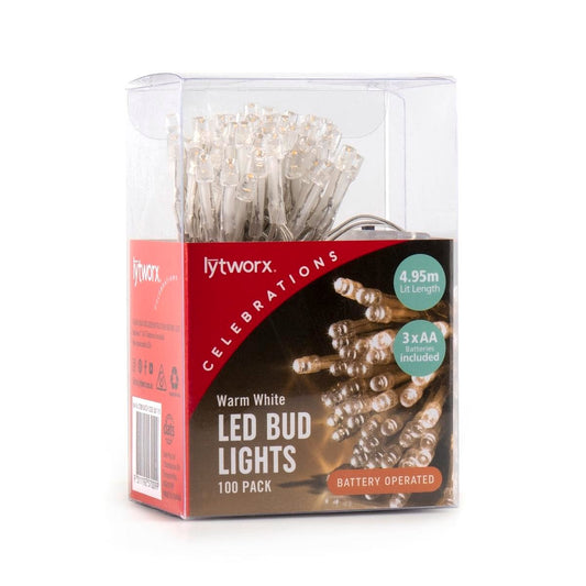 Lytworx Warm White LED Bud Lights 100 Pack 4.95m Battery Operated - Auzzistore
