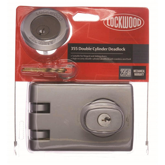 Lockwood Double Cylinder 355 Deadlock - Satin Chrome - Zinc Diecast - Secure - Auzzistore