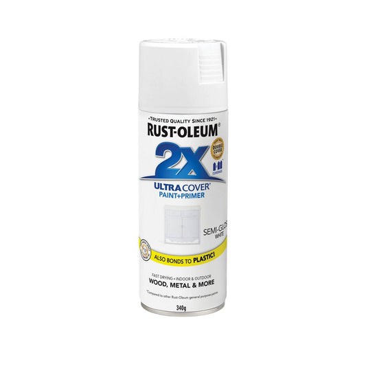 Rust Oleum 2X Ultra Cover Spray Paint - Semi Gloss White 340g - 0.34L - Fast-Drying - Auzzistore