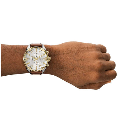 Diesel Men's Spiked Chronograph Watch DZ4665, 49mm Silver Sunray Dial, Brown Leather Strap, Water Resistant