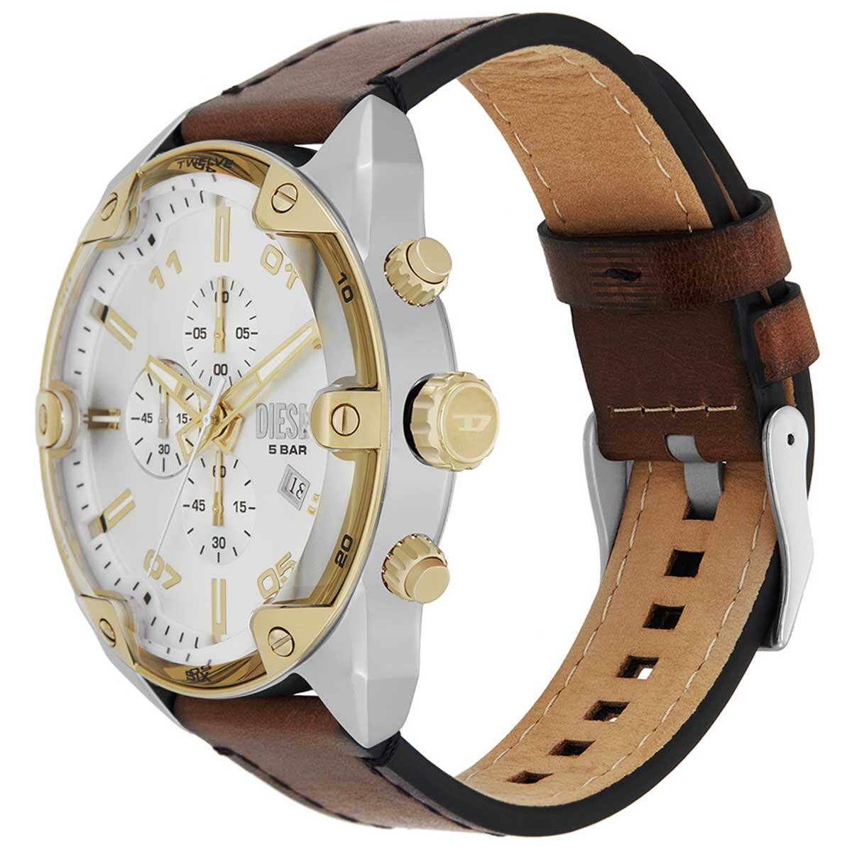 Diesel Men's Spiked Chronograph Watch DZ4665, 49mm Silver Sunray Dial, Brown Leather Strap, Water Resistant
