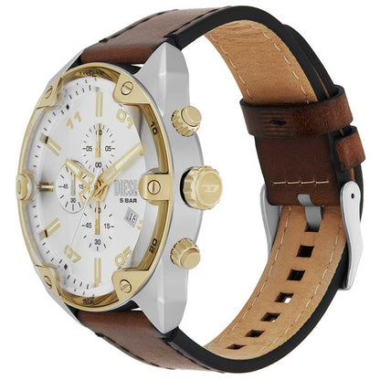 Diesel Men's Spiked Chronograph Watch DZ4665, 49mm Silver Sunray Dial, Brown Leather Strap, Water Resistant