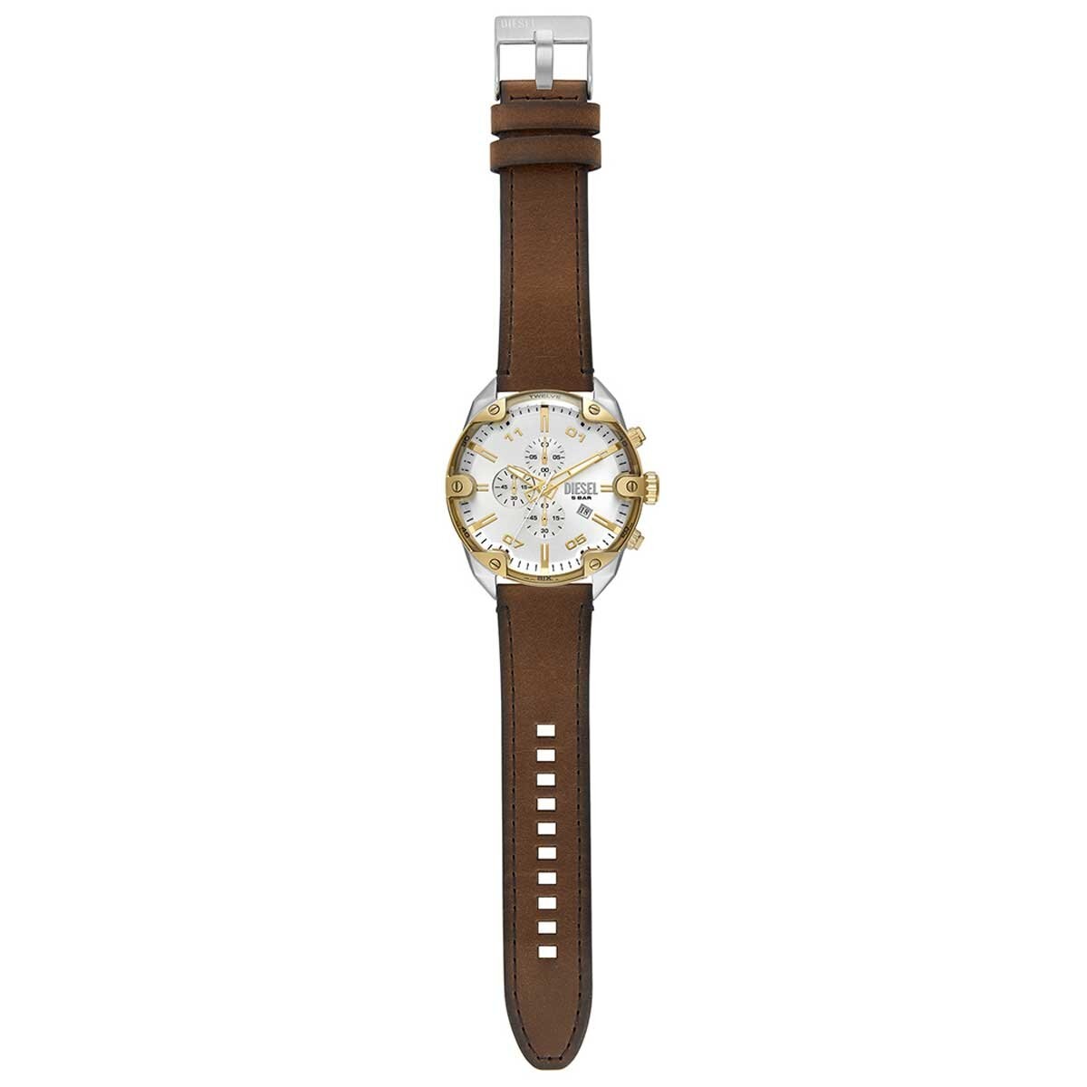 Diesel Men's Spiked Chronograph Watch DZ4665, 49mm Silver Sunray Dial, Brown Leather Strap, Water Resistant