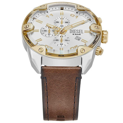 Diesel Men's Spiked Chronograph Watch DZ4665, 49mm Silver Sunray Dial, Brown Leather Strap, Water Resistant