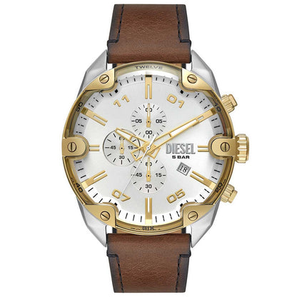 Diesel Men's Spiked Chronograph Watch DZ4665, 49mm Silver Sunray Dial, Brown Leather Strap, Water Resistant