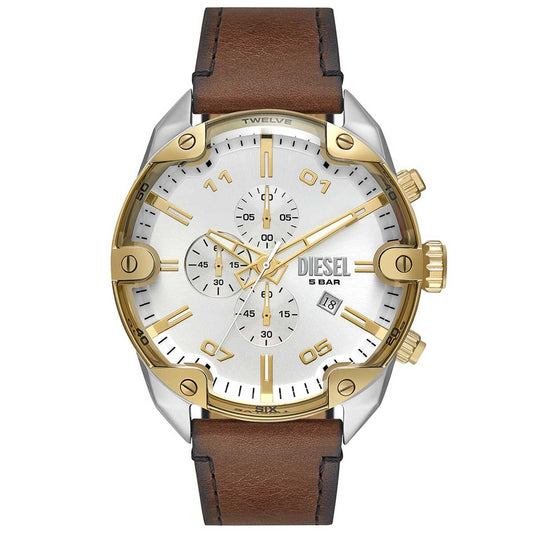 Diesel Men's Spiked Chronograph Watch DZ4665, 49mm Silver Sunray Dial, Brown Leather Strap, Water Resistant