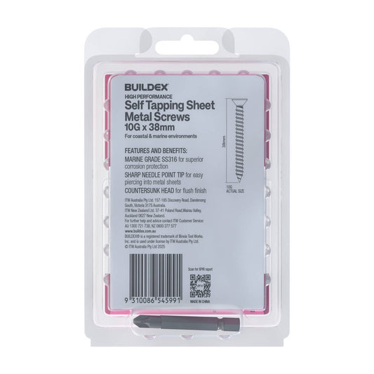 Buildex 10g x 38mm SS316 Self Tapping Sheet Metal Screws - Countersunk Head - 50 Pack - Corrosion Resistant - Quick Installation – view 2 - Auzzistore
