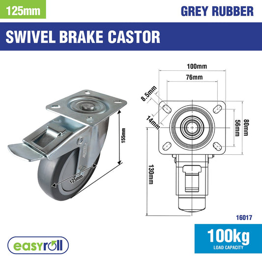 Easyroll Castor - 125mm - Grey Rubber - Heavy Duty Swivel Brake – view 2 - Auzzistore