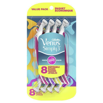 Gillette Venus Simply3 Women's 8-Pack Disposable Razors, 3-Blade & Moisture Strip