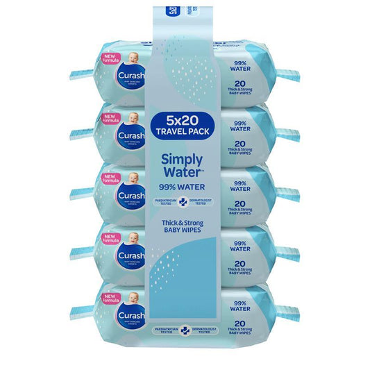 Curash Baby Travel Water Wipes 5 x 20 Pack - Gentle & Safe