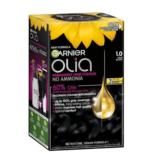 Garnier Olia 1.0 Deep Black Permanent Hair Colour No Ammonia 60% Oils - Rich, Long-Lasting Colour