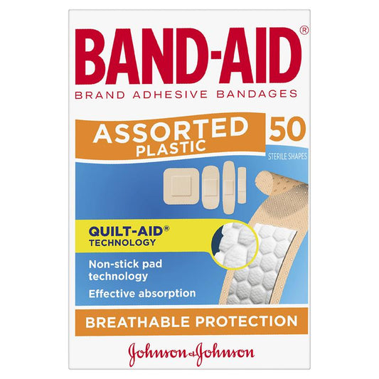 Band-Aid Plastic Strips Assorted Shapes - 50 Pack for Effective Wound Care-Auzzi Store