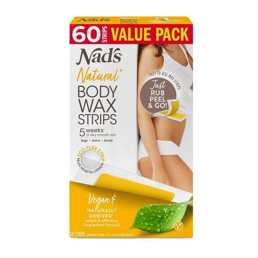 Nad's Natural Body Wax Strips 60 Pack – 90% Natural, Sensitive Skin