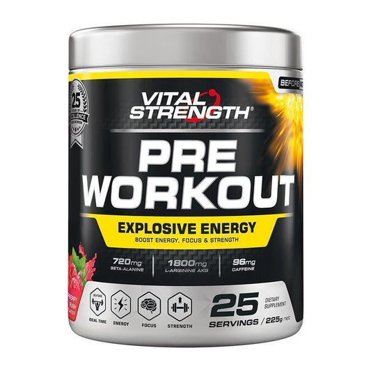 Vital Strength Pre Workout Powder - Raspberry Rush 225g | Explosive Energy