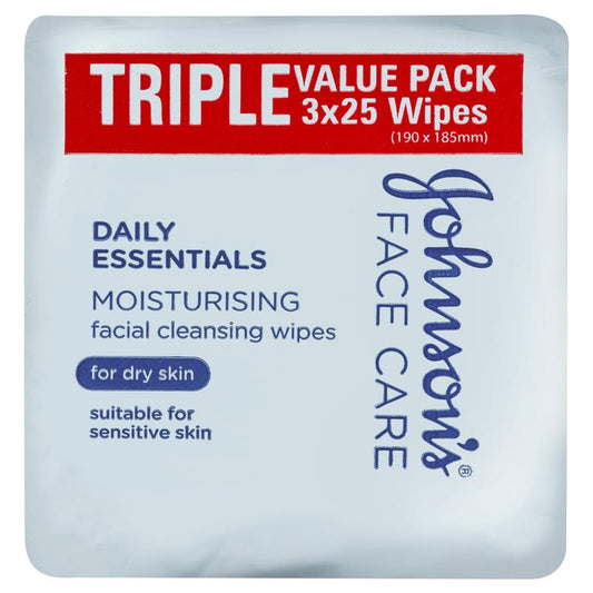 Johnson's Face Care Moisturising Facial Cleansing Wipes For Dry Skin 3 x 25 Pack - Gentle Cleansing for Sensitive Skin-Auzzi Store