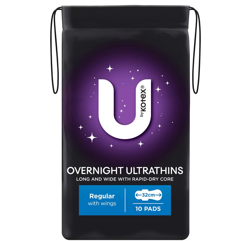 U by Kotex Overnight Ultrathin Regular Pads with Wings, 10 Pads