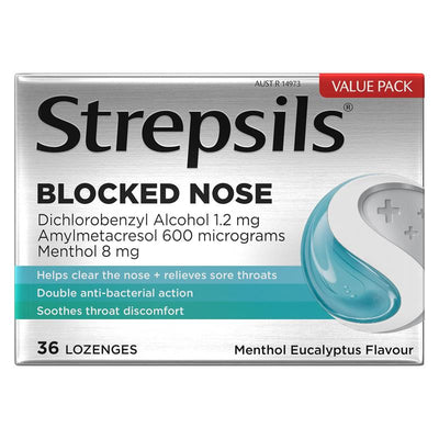 Strepsils Plus Blocked Nose Relief Throat Lozenges - Menthol Eucalyptus 36 Pack
