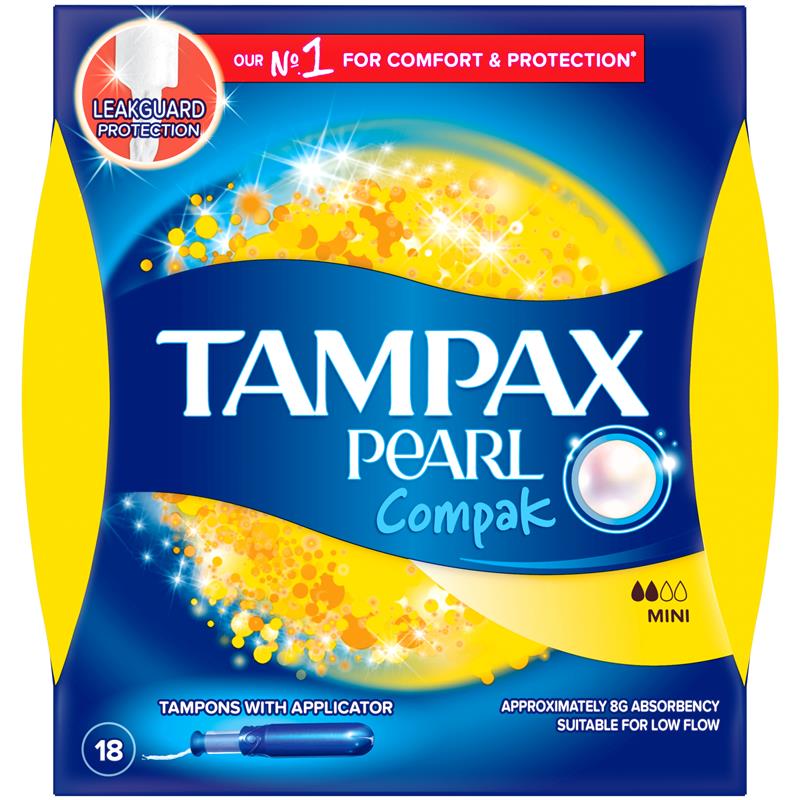 Tampax Pearl Compak Light Flow Tampons, 18 Mini Pack with Leakguard