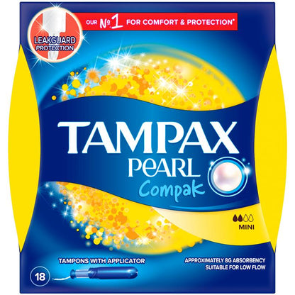 Tampax Pearl Compak Light Flow Tampons, 18 Mini Pack with Leakguard