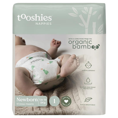 Tooshies Eco Nappies with Organic Bamboo Size 1 Newborn 3-5kg, 52 Pack - Soft & Hypoallergenic