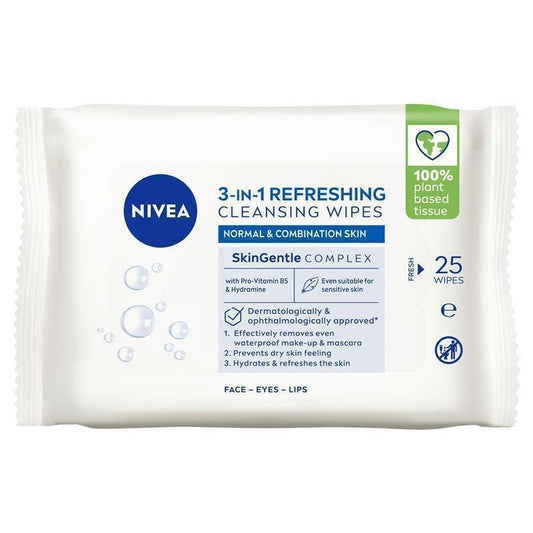 NIVEA 3in1 Refreshing Cleansing Wipes for Normal & Combination Skin - 25 Pack-Auzzi Store