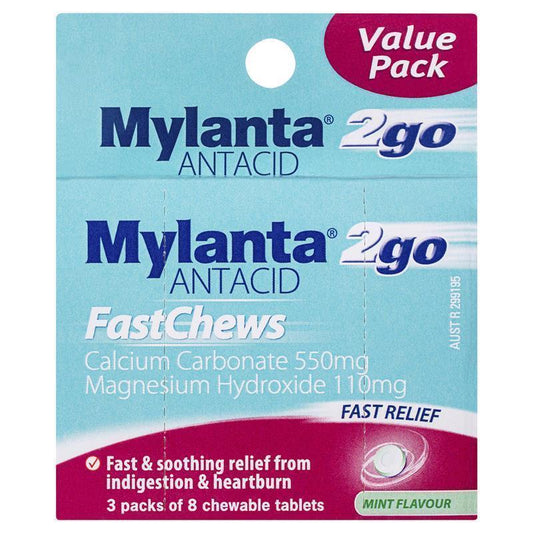 Mylanta 2Go Antacid FastChews Tablets Mint - 3 x 8 Pack - Auzzi Store