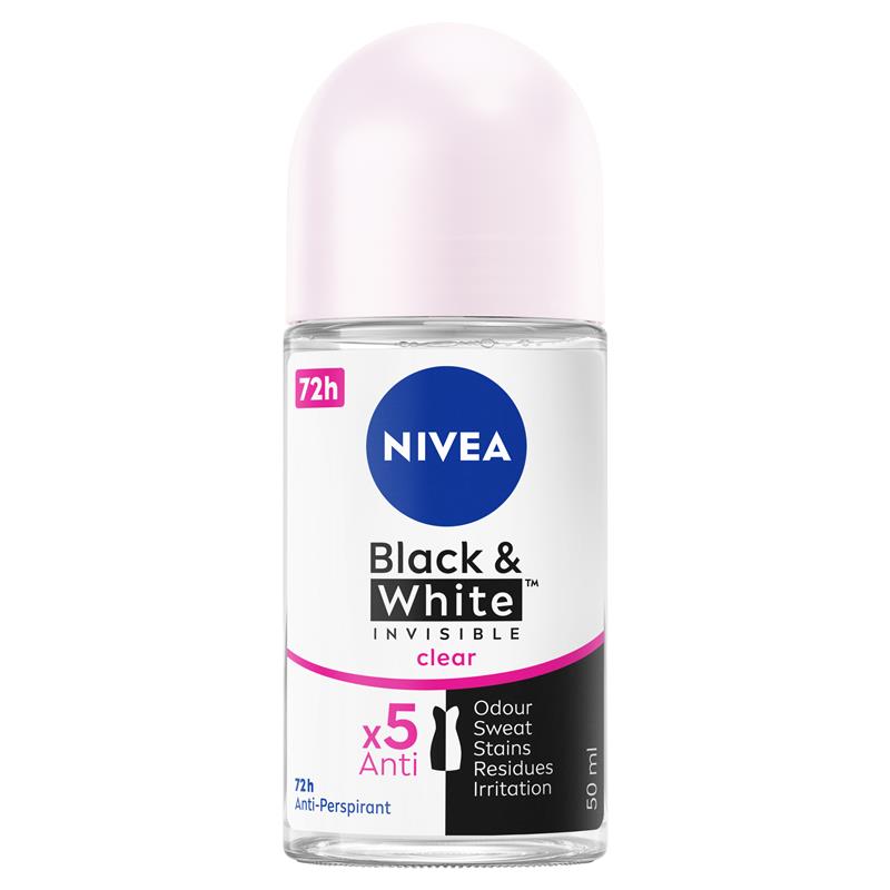 NIVEA Black & White Invisible Anti-Stain Roll-On Deodorant 72H, 50ml